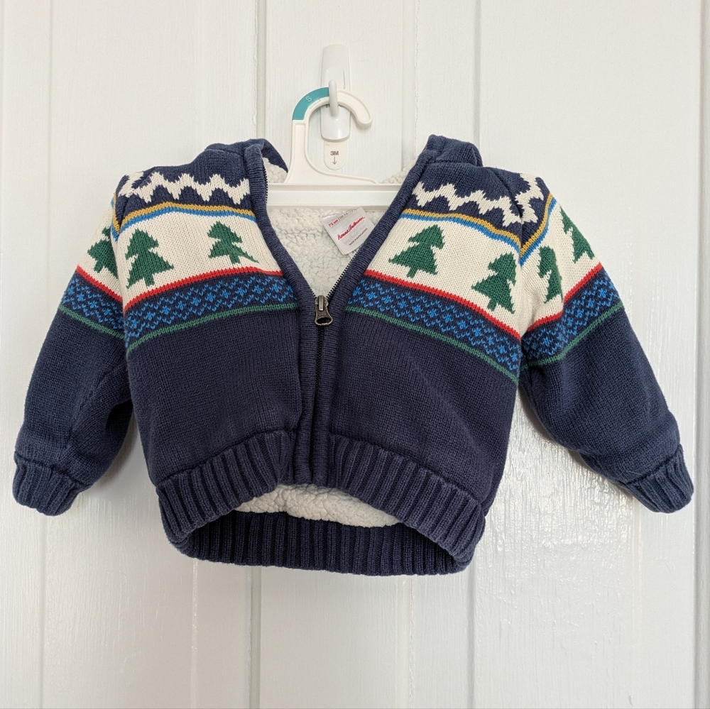 Hanna Andersson Blue Zip Fleece Sweater with Christmas Trees